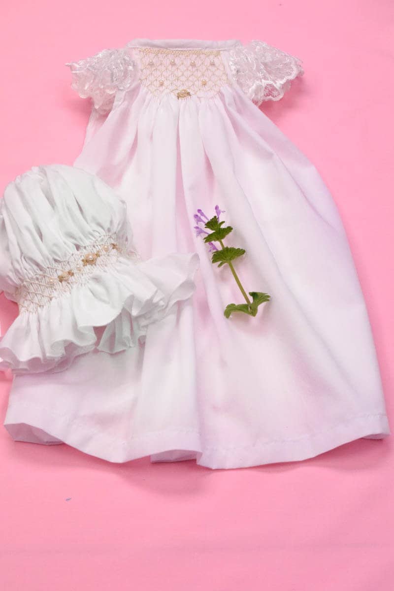 Baby Girl dress - Smocked Gown and matching Bonnet - Christening gown - Baby Shower Gift - Girls Wedding Gown