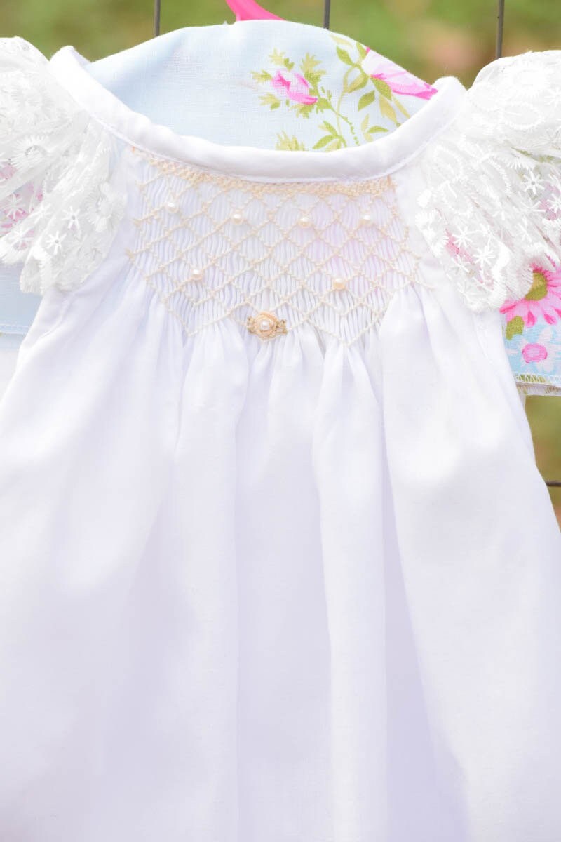 Baby Girl dress - Smocked Gown and matching Bonnet - Christening gown - Baby Shower Gift - Girls Wedding Gown