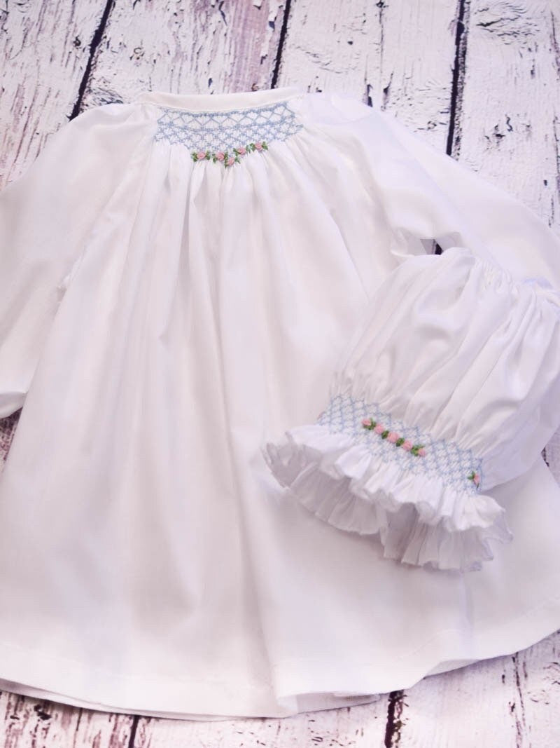 Baby Girl Dress - Smocked Gown and matching Bonnet, Easter Dress, Christening gown, Baby Shower Gift