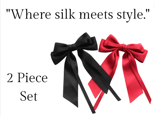 RED and Black Satin Hair Bow, Bow Ribbon Hair Clip, Special Occasion Hair Bow,  2 Piece Set, Long Tail Hair Bow, Elegant Bow (Copy)