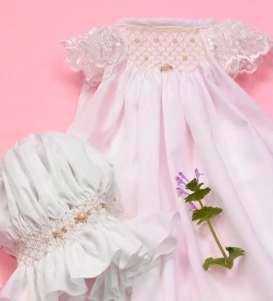 Baby Girl dress - Smocked Gown and matching Bonnet - Christening gown - Baby Shower Gift - Girls Wedding Gown