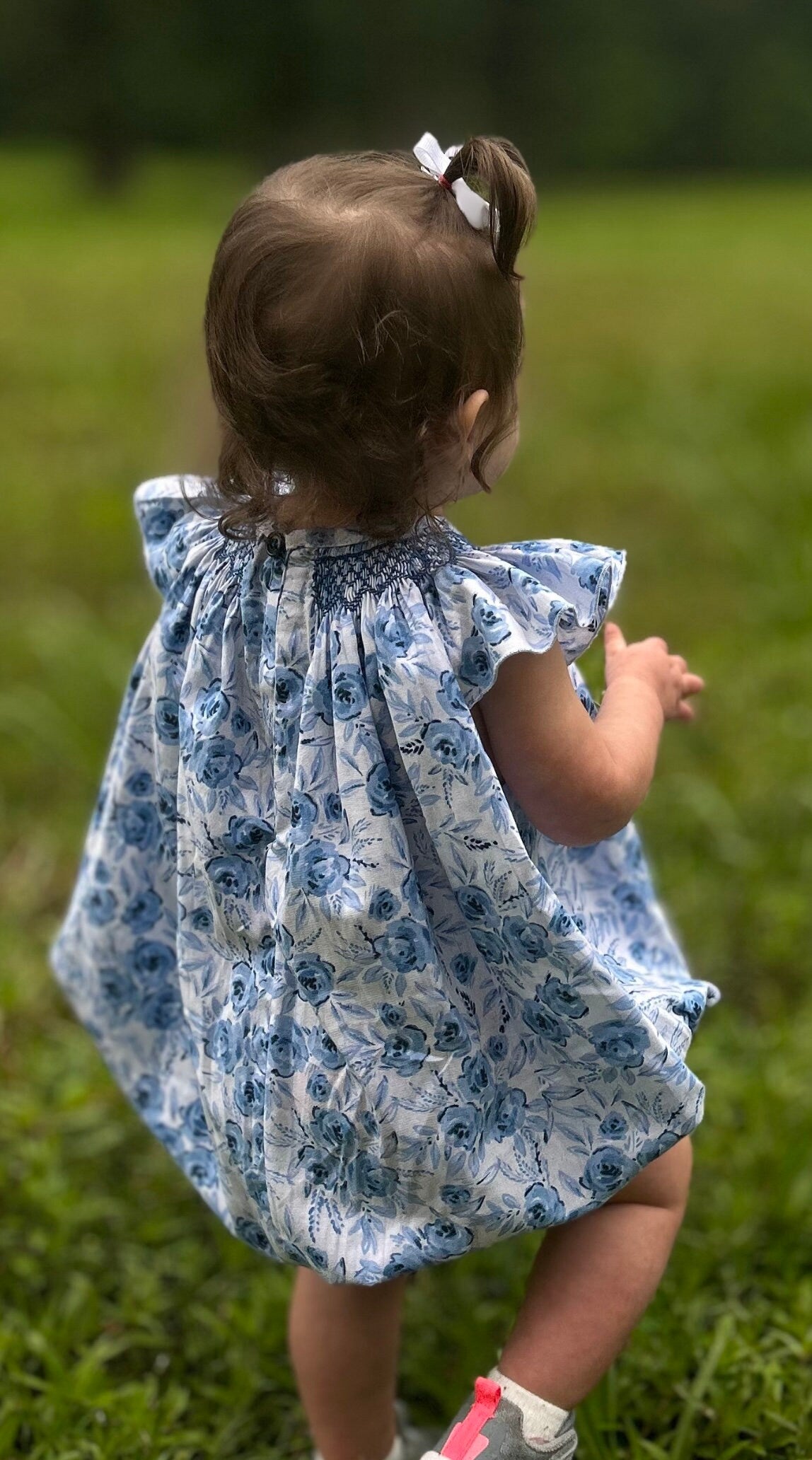 Blue Floral - baby girl smocked - Bishop Bubble