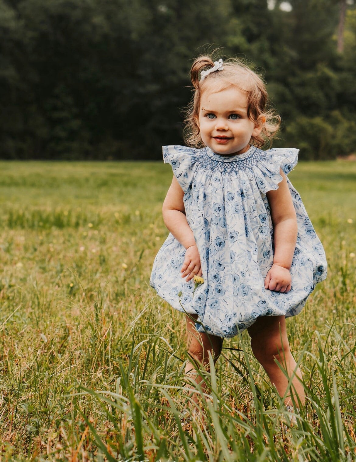 Blue Floral - baby girl smocked - Bishop Bubble