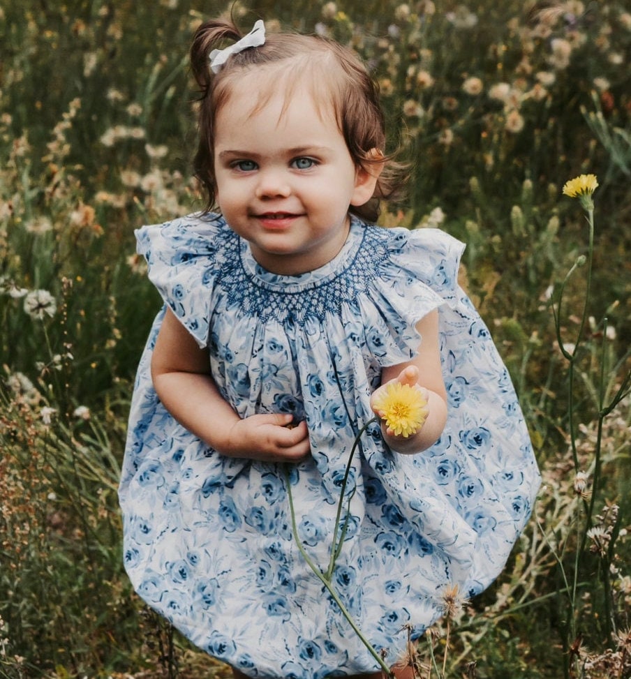 Blue Floral - baby girl smocked - Bishop Bubble